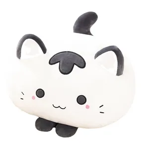 Soft white cat plush pillow with cute embroidered face, grey ears and paws for home decor