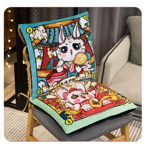 Oreiller Décoratif Carré Lapin Guochao Coussin en Peluche Avec Garnissage en Coton PP Style Chinois Dessin Animé pour Salon Chambre Bureau