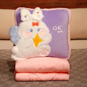Cute plush rabbit pillow blanket set with pink folded quilt for office nap use