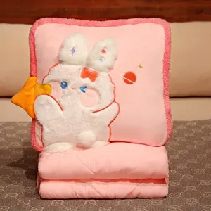 Cozy pink bunny plush pillow with foldable blanket set for cute office nap comfort