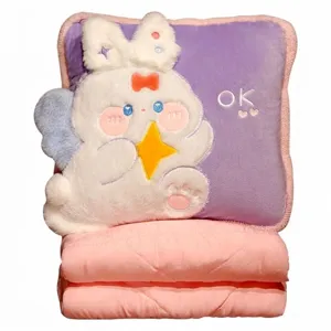 Cute rabbit plush pillow with a soft pink blanket set for cozy home or office naps
