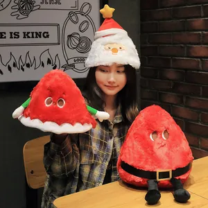 Plush red triangle Santa pillow and fuzzy white hat set for festive Christmas gifting