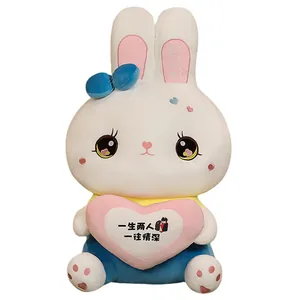 Cute white plush rabbit doll toy holding a pink love heart charm Valentine gift