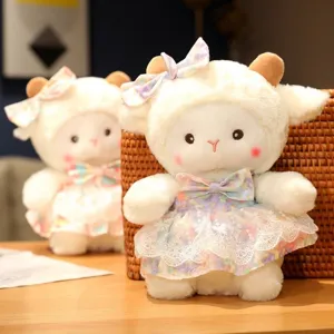Adorable white lamb plush doll wearing a delicate floral lace dress and bow for girl gifts
