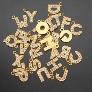 Set of assorted 15mm gold alloy alphabet charms with sparkling rhinestones for DIY