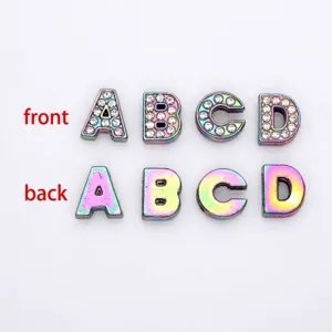 8mm iridescent alphabet beads A-D with rhinestones showing front and back views for jewelry