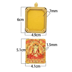 Dimensions détaillées du pendentif tibétain Gau box avec relief de divinité 3D et cadre en alliage