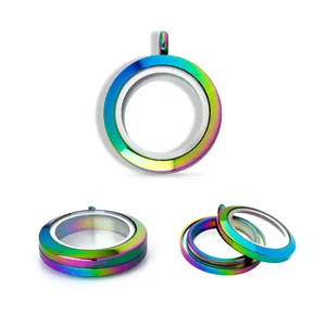 Detail view of 25mm rainbow stainless steel screw floating locket with glass