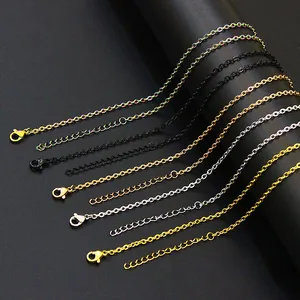 Selection of stainless steel necklace chains in gold, silver, black, and rainbow colors.