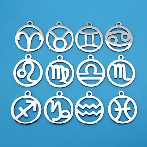 DIY Stainless Steel 12 Zodiac Sign Round Pendant Only (Without Chain) Charms Mirror Polished Hollow Circular Plate For Jewelry Making Bracelet Necklace Accessories