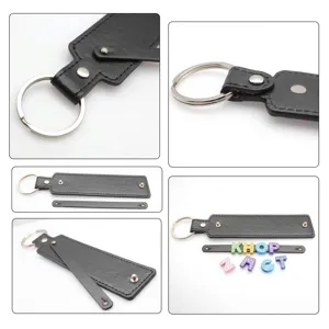 Macro detail view of a black faux leather DIY keychain including colorful rhinestone letters
