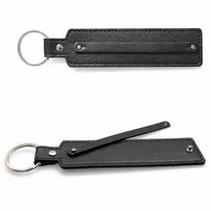 Detail view showing dimensions of a black faux leather keychain with 8mm strap and metal ring