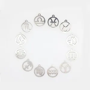 Detail view of 12 stainless steel zodiac sign charms with mirrored finish for DIY crafts