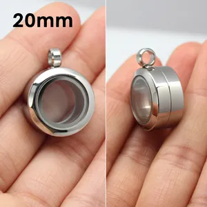 20mm round stainless steel glass locket pendant shown in both front and side views