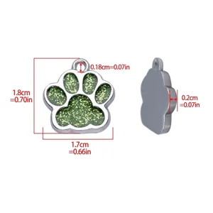 Green glitter dog paw print pet ID tag with dimensions shown for DIY jewelry making