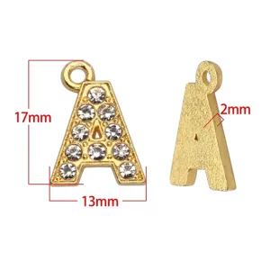 Detailed dimensions of gold letter A pendant with clear rhinestones for DIY jewelry