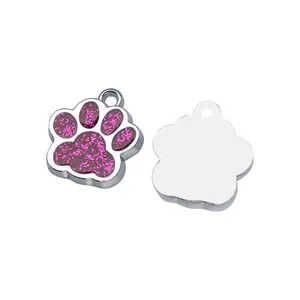 Pink glitter dog paw pet ID tag pendant with metal ring for DIY jewelry accessories