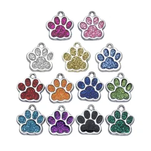 Glittery colorful dog paw print charms for DIY pet collar tags and jewelry accessories