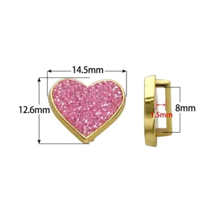 Detailed dimensions of a pink glittery heart-shaped slide charm for DIY jewelry making