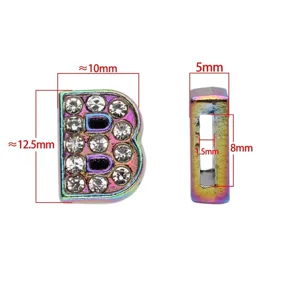 Detailed dimension view of rainbow rhinestone letter B bead for DIY jewelry making.