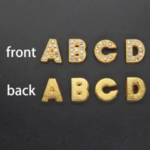 Detailed view of 8mm gold-tone rhinestone letter beads for DIY jewelry crafts