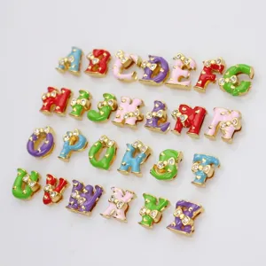 Set of colorful 26 enamel alphabet charms with rhinestones for DIY jewelry making