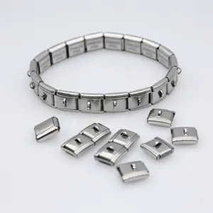 Detailed view of silver stainless steel Italian modular charm bracelet with individual links