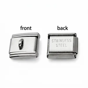 Close-up of front and back views of stainless steel Italian charm bracelet links