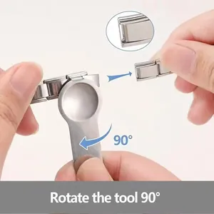 Detail showing flat metal tool rotating 90 degrees to open modular bracelet links