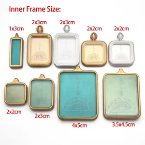 Detailed view of stainless steel Thangka Gau box pendants in multiple sizes and finishes