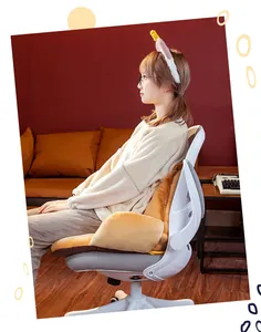 Person sitting on a heated plush seat cushion backrest on a white office chair