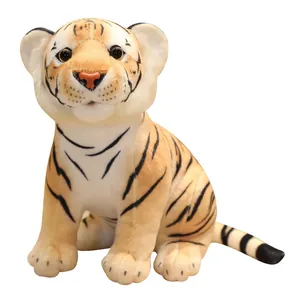 Adorable peluche de tigre amarillo sentado con rayas realistas, mascota de peluche suave para regalo