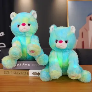 Detailed shot of two colorful tie-dye glowing cat plush toys featuring soft fur and LED lights.
