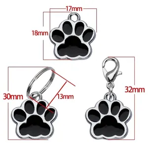 Detailed dimension view of alloy dog paw pendants with lobster clasp and key ring options.