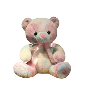 Colorful glowing rainbow teddy bear plush toy with pink ribbon for Valentine's Day gift