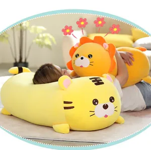 Cute soft tiger and lion plush animal bolster pillows for sleeping and room decoration