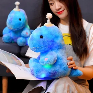 Glow-in-the-dark blue dinosaur plush toy with 14 LED lights, perfect gift for kids