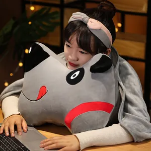 Cozy cartoon bone-shaped plush nap pillow with cute dog face and soft grey blanket.