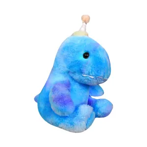 Soft blue and purple plush dinosaur toy with colorful glowing LED lights for gifts