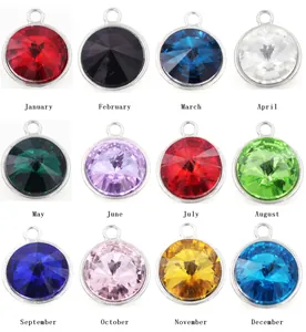Set of 12 multi-colored round birthstone pendants with month labels for jewelry making