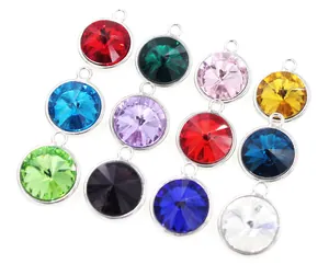 Colorful round faceted birthstone pendants with silver-plated frames for DIY jewelry
