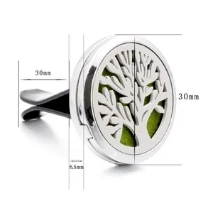 Vista detallada del clip de aromaterapia de 30mm con dimensiones y diseño de árbol hueco.