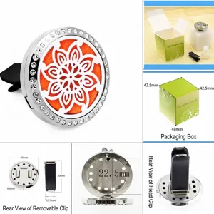 Dimensiones detalladas del clip de aromaterapia de acero de 30mm y caja de regalo.