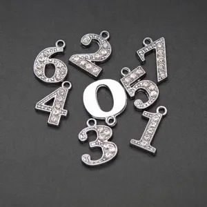 Alloy Rhinestone Number Pendant For DIY Jewelry Making Keychain Clothes Backpack Charms Sparkling Silver Color Number Charms