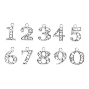 Set of silver 15mm rhinestone number pendants 0-9 for DIY jewelry making and accessories