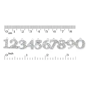 Detailed measurement view of 15mm silver rhinestone number charms for DIY jewelry making