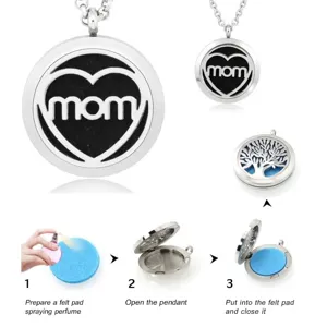 Stainless steel aromatherapy locket necklace with mom heart design and usage guide.