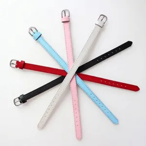 Close-up of colorful 10mm leather wristbands in a radial pattern on white background.