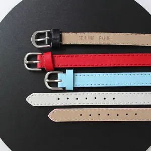 Detailed view of 10mm genuine leather wrist straps in various colors with silver buckles.