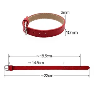 Detail view of 10mm red leather wristband showing exact length and width measurements